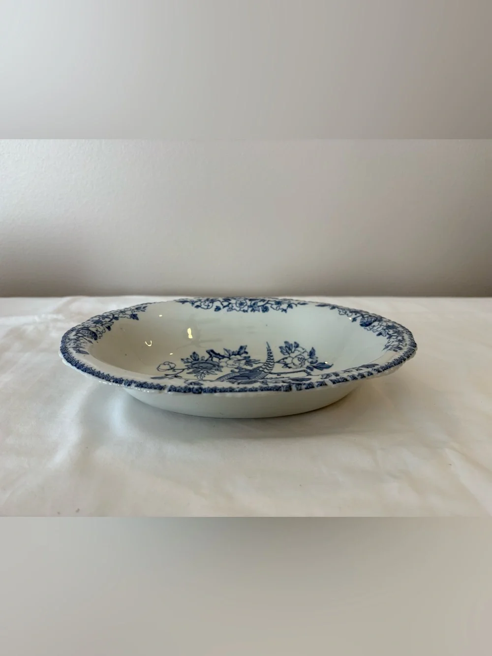 Vtg Woods Ware Mayfair Blue & White Oval Serving Bowl Bird/Floral 10”